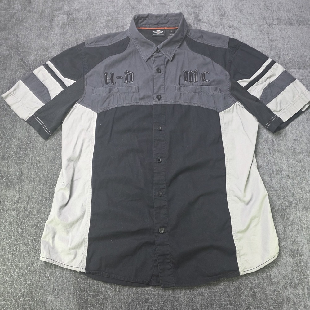 Harley Davidson Embroidered Colorblock Button Down Shirt Mens XL Black Gray Bike
